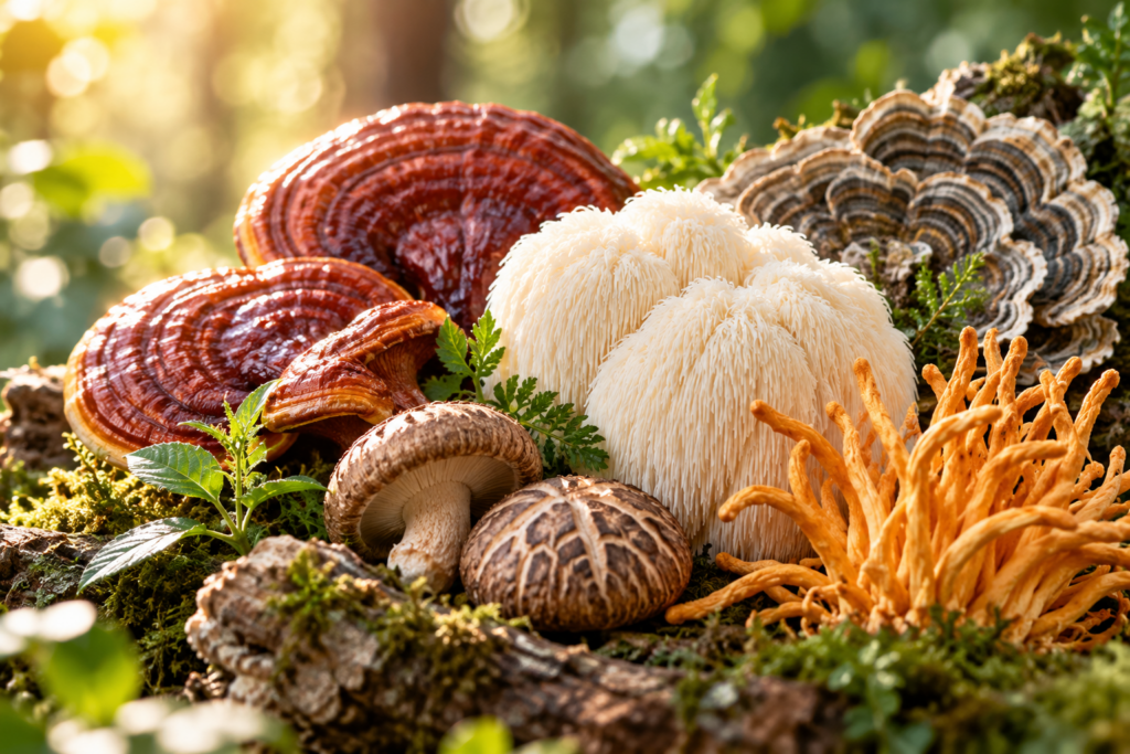 Różne gatunki grzybów funkcjonalnych, w tym reishi, soplówka i cordyceps