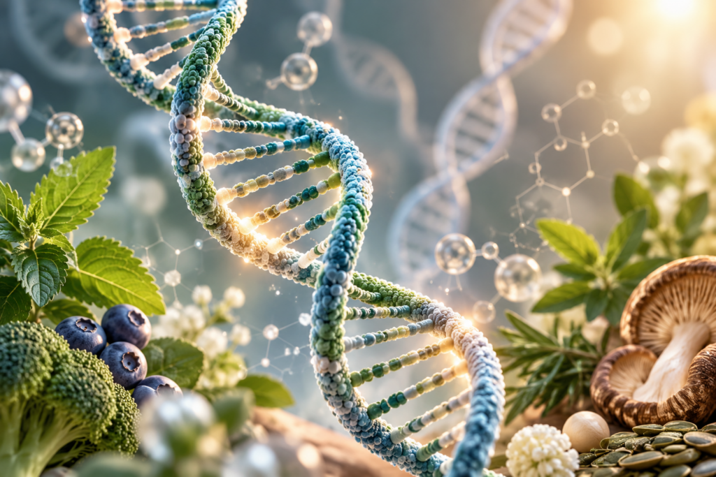 	Podwójna helisa DNA otoczona roślinami i owocami